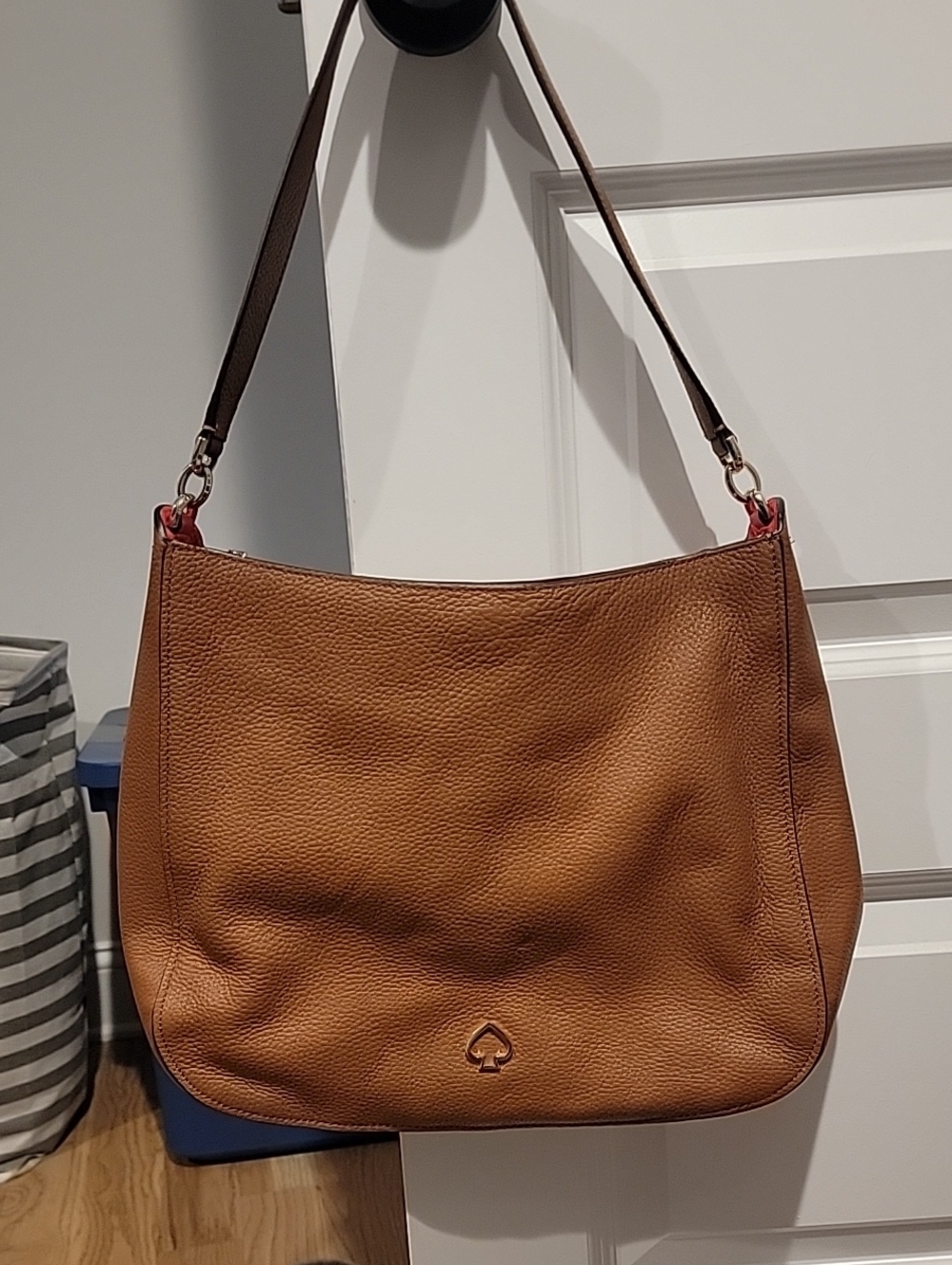 kate spade Brown Pebbled Leather Hobo Shoulder Bag with Coral Trim - Picture 3 of 15